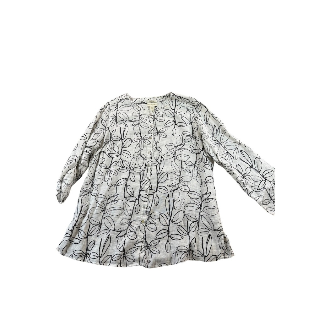 Cynthia Rowley COLLARLESS 100% Linen Botanical Button Shirt Tunic Size 1X Spring